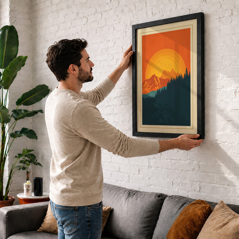 Golden Sun Over Mountain Retro - Framed Print, A1 - 84.1 x 59.4 cm, Oak