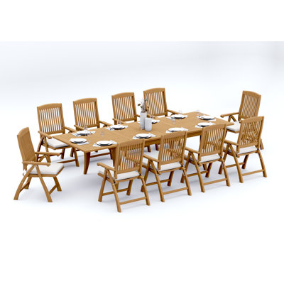 9 Pcs Grade-A Teak Wood Dining Set: 122" Atnas Double Extension Rectangle Table And Marley Folding Reclining Arm Chairs #11MR2808