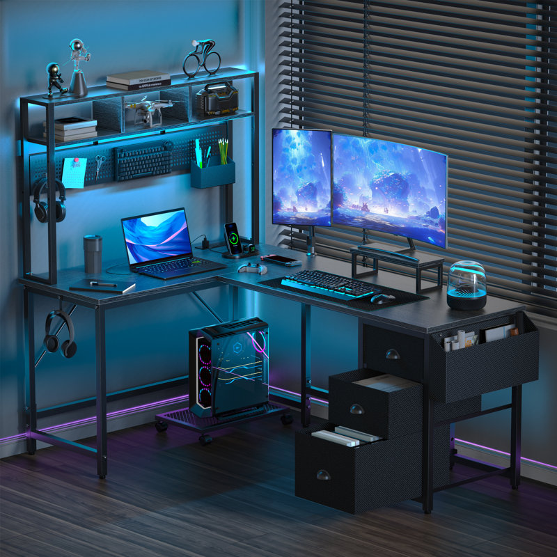 White L-Shaped Gaming Desk with Drawers and USB Port