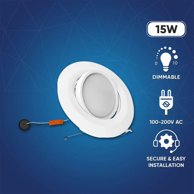 Luminaire encastré rond à DEL à intensité variable de 15 W à DEL de 5/6 po avec globe oculaire réglable (ensemble de 12)