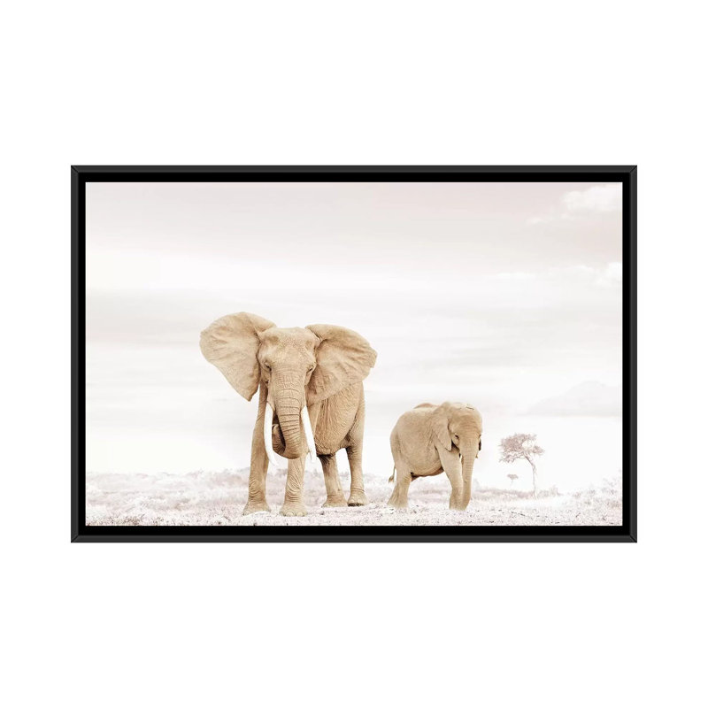 White Elephant Mom & Baby 1 Piece Wall Art on Canvas, 101.6 cm H x 66.04 cm W, Black Framed