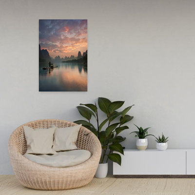 Li River Sunrise Abstract Contemporary Bird Landscape Mountain Wall Art Print 1 Piece Wrapped Canvas Wall Art
