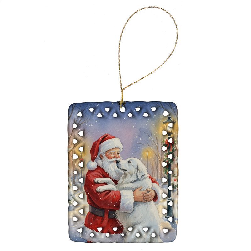 Ornement en porcelaine des Grandes Pyrénées avec le Père Noël, Montagnard des Pyrénées