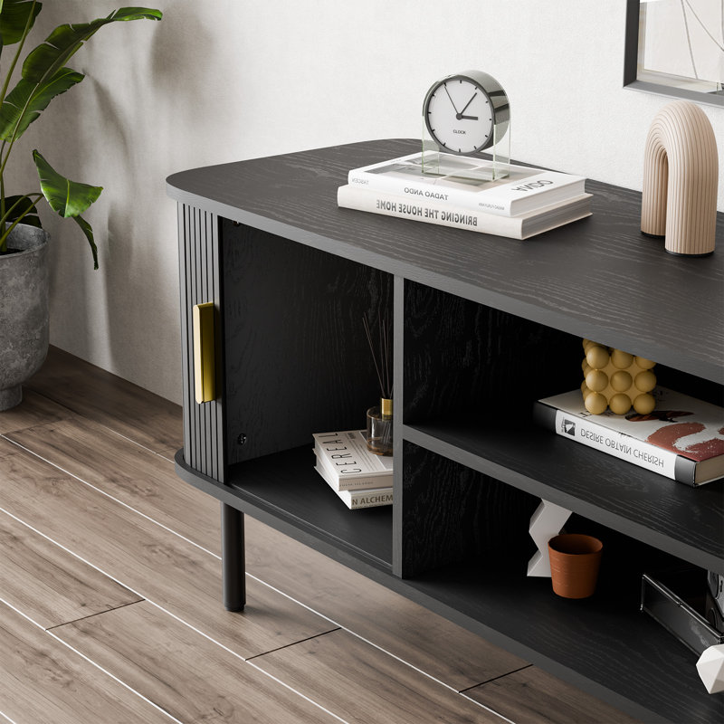 Meuble télé avec armoire de rangement et tablette pour téléviseurs de 60 po Mid-Century, Noir, noir, noir, noir, 47.2"