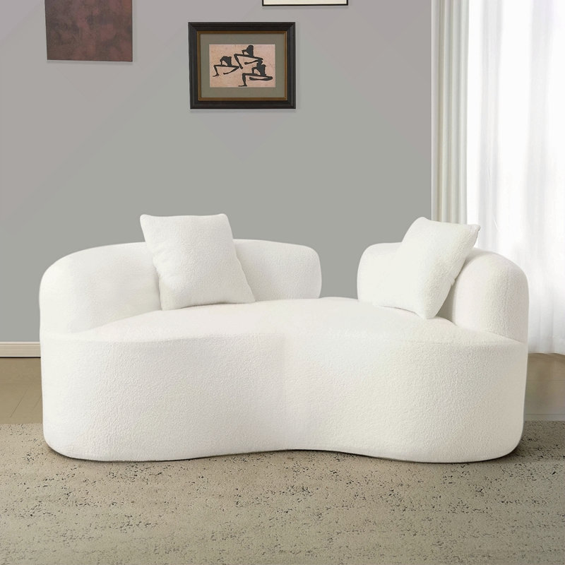 66.93 Inch Curved Loveseat White Full Compression Sponge Sofa, Teddy Velvet Fabric, No-Assembly Compact Sofa For Small Spaces & Apartments, 350 Lbs Capacity