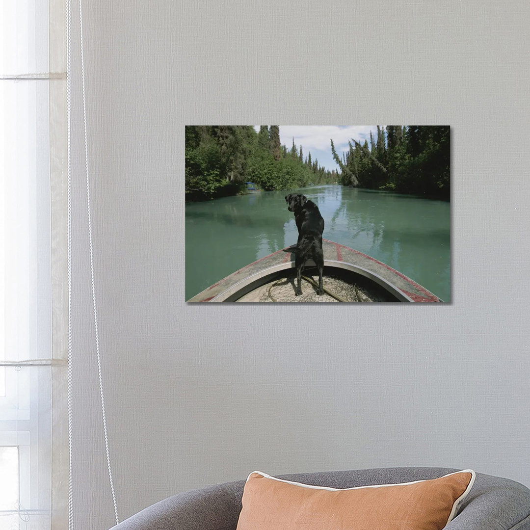 A Black Labrador Dog Travels Up The Kenai River On A Boat's Bow I von Joel Sartore - Gallery-Wrapped Canvas Giclée on Ca...