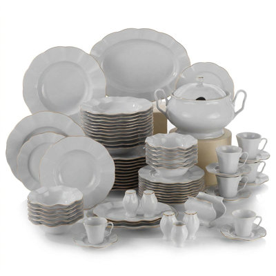 Baroque Gold Rim White Porcelain Dinnerware Set (83-Piece Service for 12)