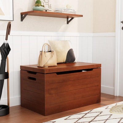 30" Large Bamboo Storage Box with Lid, Free-Stop Hinge & Cutout Handles