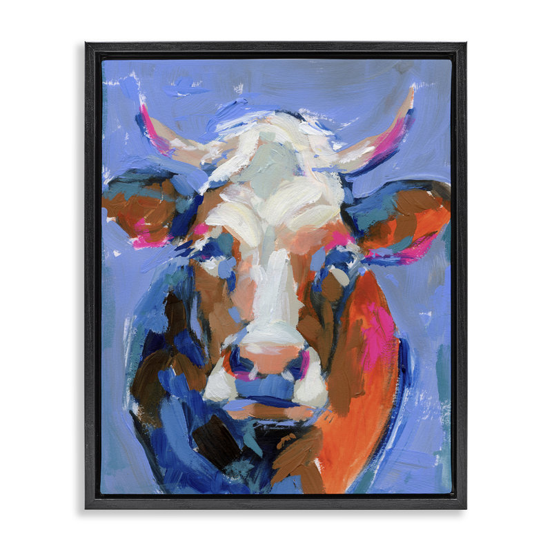 "Bold Paint Strokes Cow", art mural sur toile par Victoria Barnes, H 31 po x l 25 po, Cadre flottant gris lustré