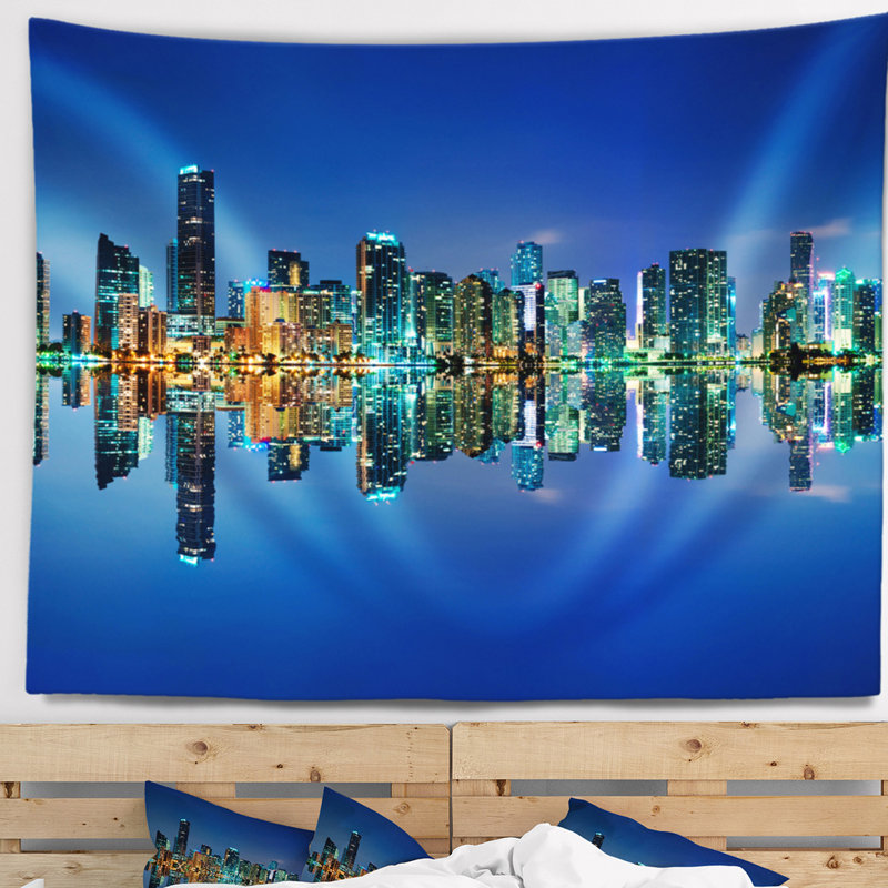 Cityscape de l’horizon de miami en polyester à la nuit avec tapisserie réfléchissant avec accessoires suspendus inclus