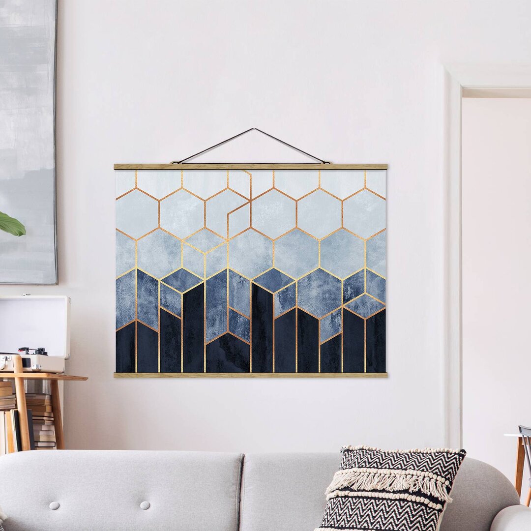 Grafikdruck Golden Hexagons Blue White von Elisabeth Fredriksson