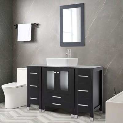48 meubles-lavabos simples avec plateau en bois, lavabo vasque, robinet en alliage de zinc, pieds en bois massif