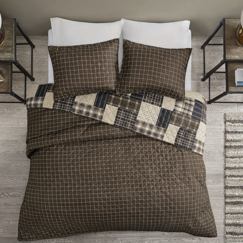 Couette réversible noire et marron - Grand lit/très grand lit, imprimée, garnie de coton, fermeture éclair, style chalet, 3 pièces réversibles, aspect chalet, garnissage riche, lavable à la machine