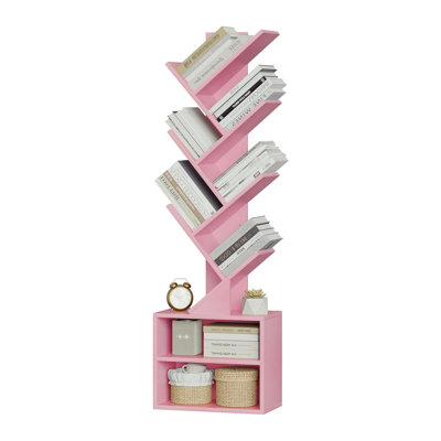  Organisateur de bibliothèque moderne haut et étroit, bibliothèque d'arbre à 6 niveaux, petite bibliothèque avec armoire de rangement, étagère à livres sur pied pour la chambre à coucher / salon / bureau à domicile / coin, rose