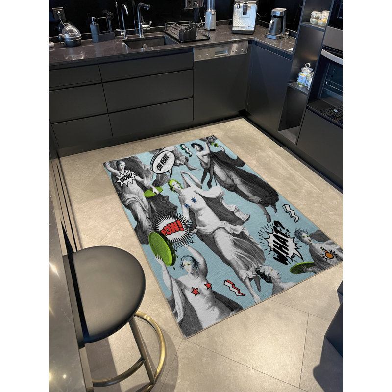 Tapis décoratif bleu à motif de buste, Rectangle 4 pi 7 po x 6 pi 6 po