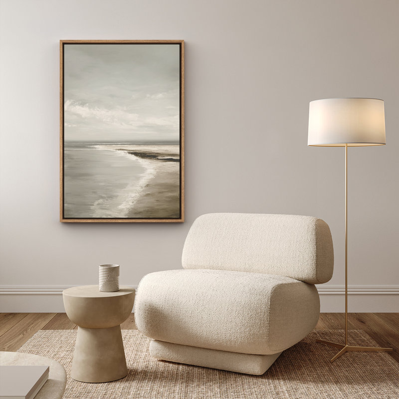«Minimalist Neutral Beach Shoreline Calm Coastal Scene», reproduction d'art encadrée, H 36 po x l 24 po, Naturel