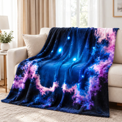 Galaxy Space Flannel Throw Blanket - Nebula Pattern, Blue and Pink, Ultra Soft, Lightweight, Breathable, All-Season, Skin-Friendly, Decorative, for Sofa, Couch, Living Room Bedroom
