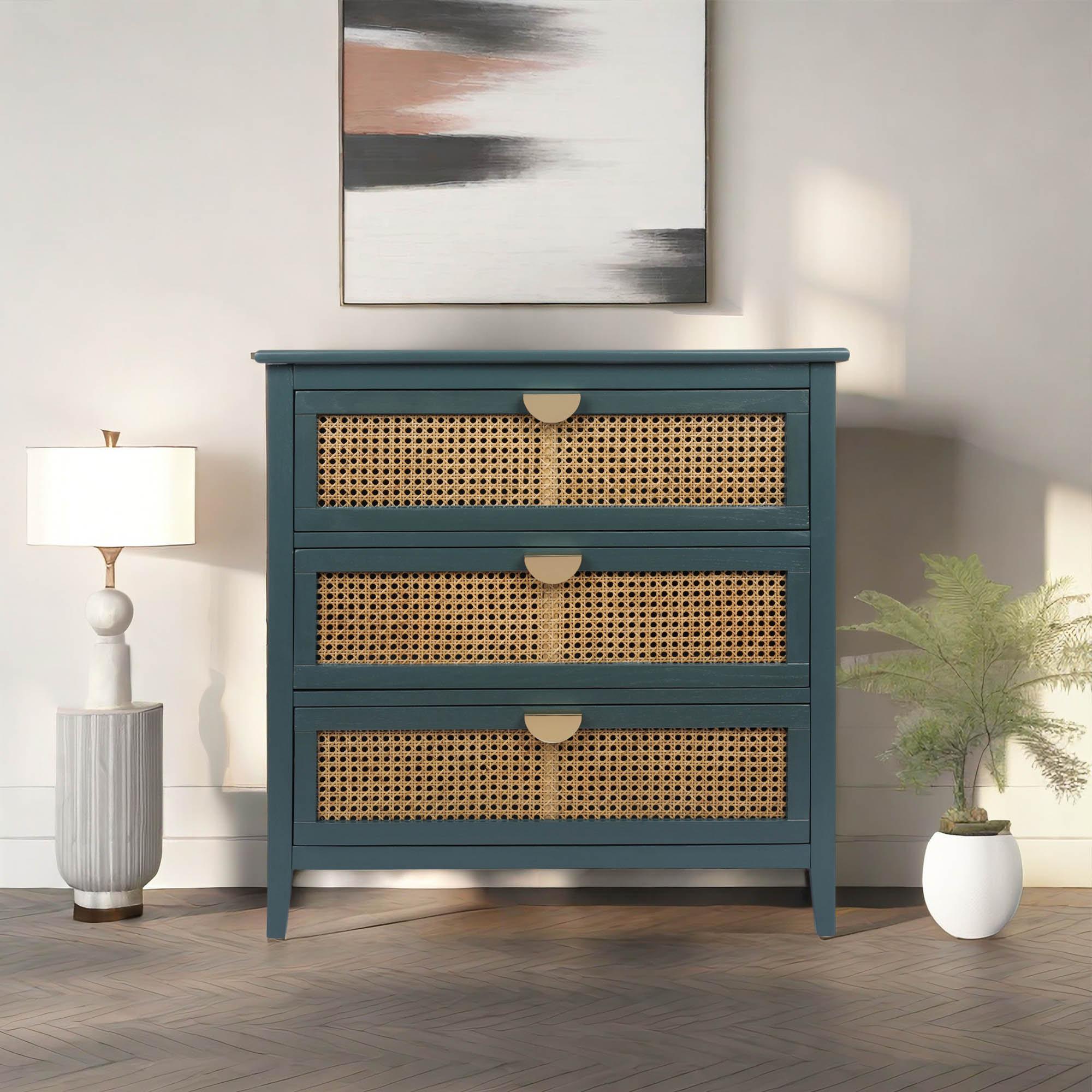 Winston Porter Glenvar 3 Drawer Rattan Dresser, Modern Small Dresser Chest with Deep Blue-Green ...