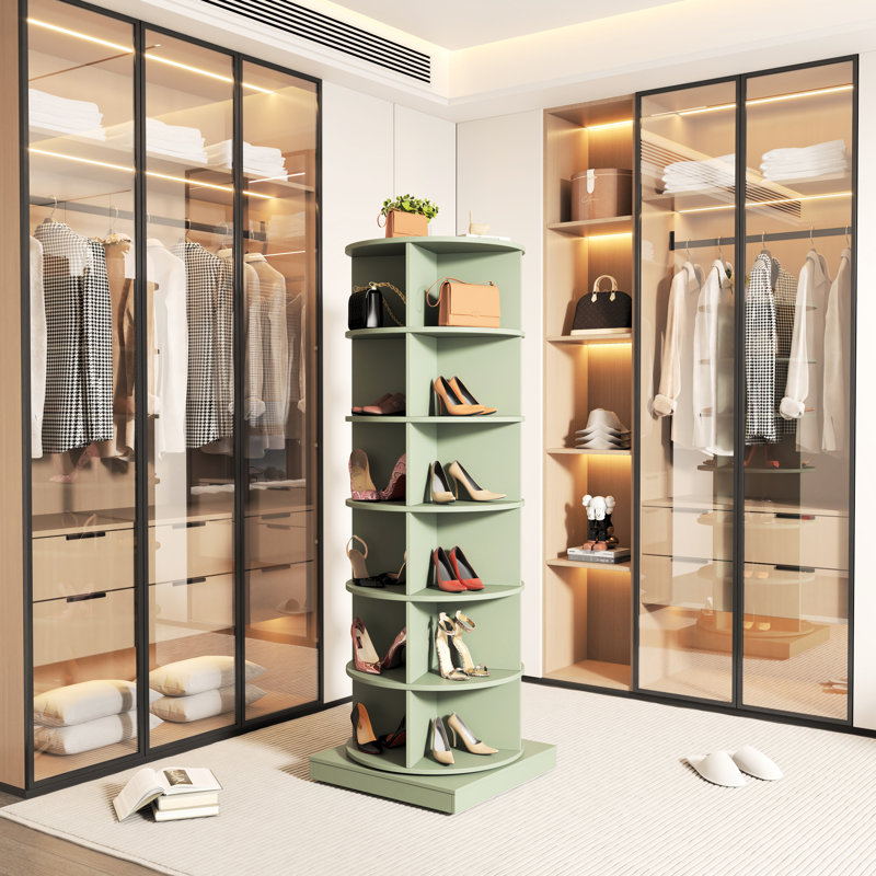 Étagère à chaussures rotative à 360°, 6 niveaux, capacité de 24 paires, gain de place, montage facile, style américain. Organisateur à 6 niveaux et rotation à 360°, facile à monter, design élégant.
