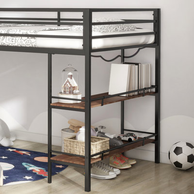 Junior Twin Loft Bed - Metal Frame With Wood Shelf, Guardrails, Noise, No Box Spring Required, Space Saving For Bedroom Black Shelf Easy Installation, Safe