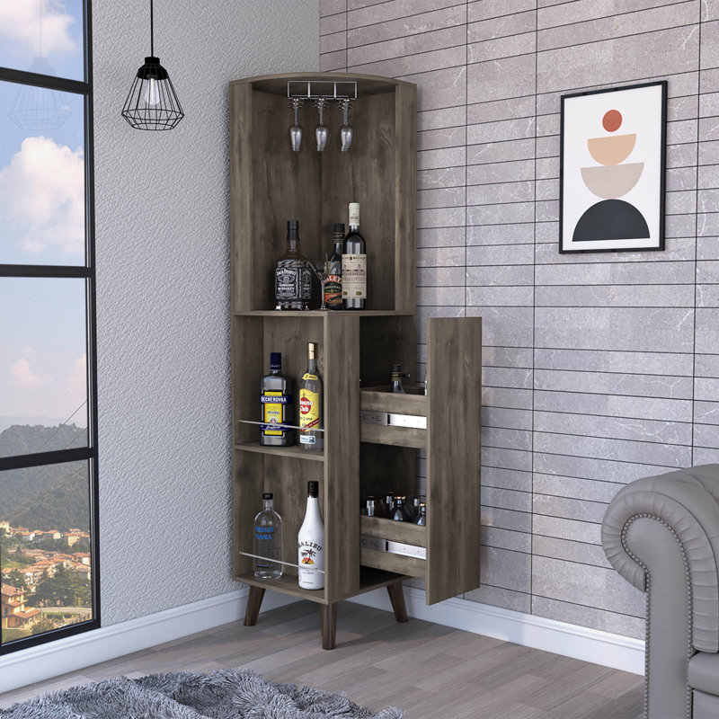 Dark Brown 1-Drawer 2-Shelf Corner Bar Cabinet
