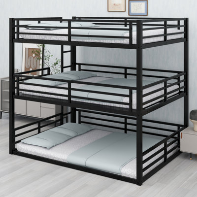 Metal Triple Bunk Bed With Safety Guardrails