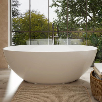 65" Freestanding Solid Surface Bathtub, Luxury Handcrafted Stone Resin Freestanding Soaking Bathtub With Overflow And Pop-Up Drain, Glossy White 24S06-65GW