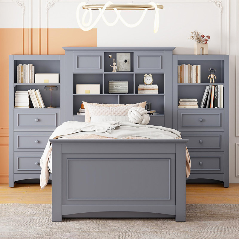 Lit plateforme simple en bois avec armoire verticale tout-en-un et 4 tiroirs de chaque côté