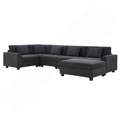 U-Shaped Chenille Sectional Sofa with Oversized Ottoman,Hidden Armrest Storage, Cup Holders & USB Charging Ports for Living Room, Apartment