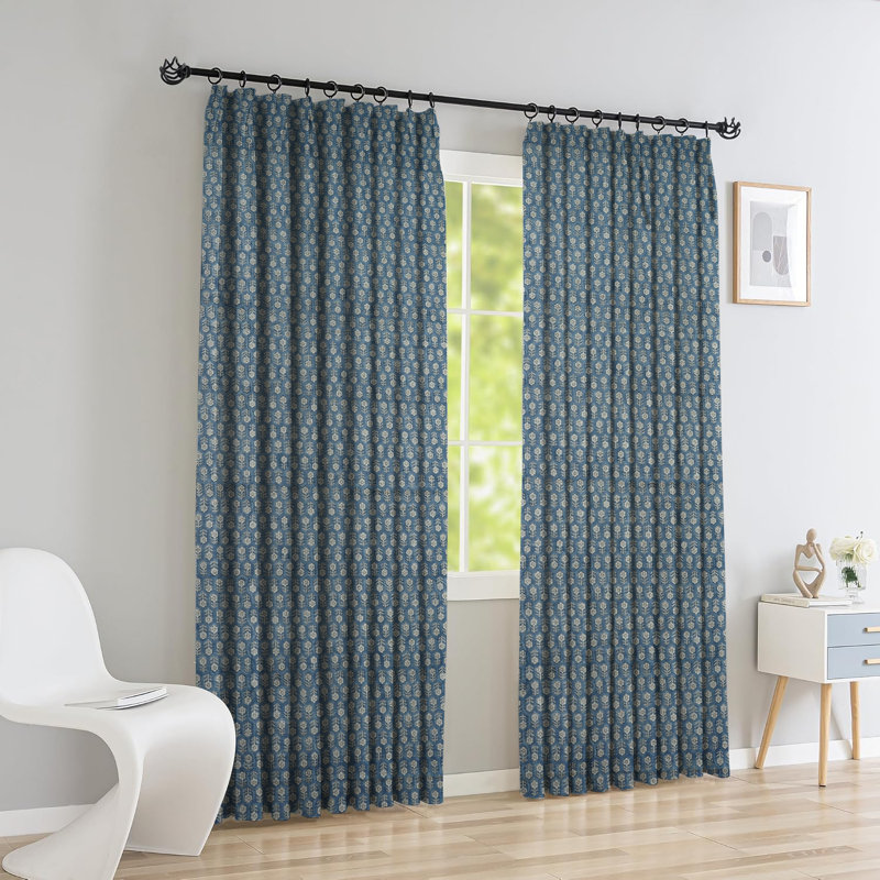Fabdivine Dark Blue Elegant Floral Pattern Curtain Handmade Block Print, 27x57 Inches, Summer or Spring with Pleated Pinch Drapes for Window, Living Room, Kitchen, Tulsi Buti
