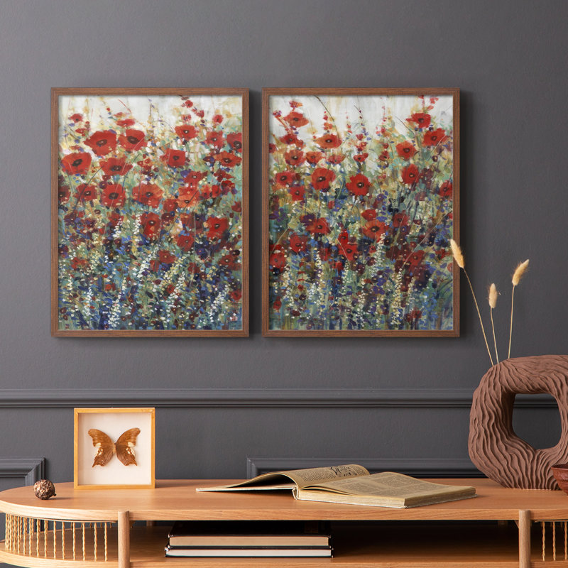 «Garden Poppies I», reproduction encadrée de qualité supérieure - prête à être accrochée - aucun clou requis - aucun clou requis