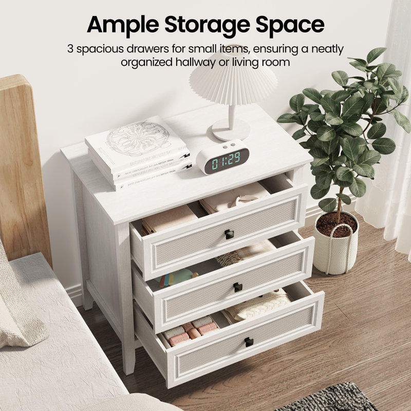 3 - Drawer Dresser Natural Rattan Deco,Set of 2, White