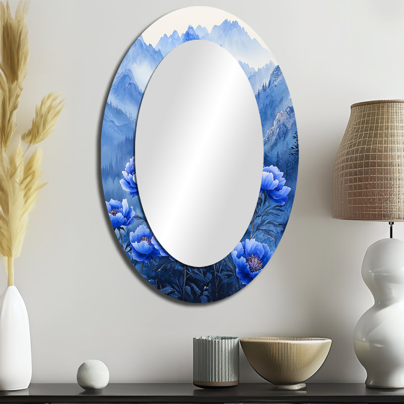 Pivoines bleues sur un sommet de montagne I - miroir mural ovale traditionnel, 36 po x 24 po