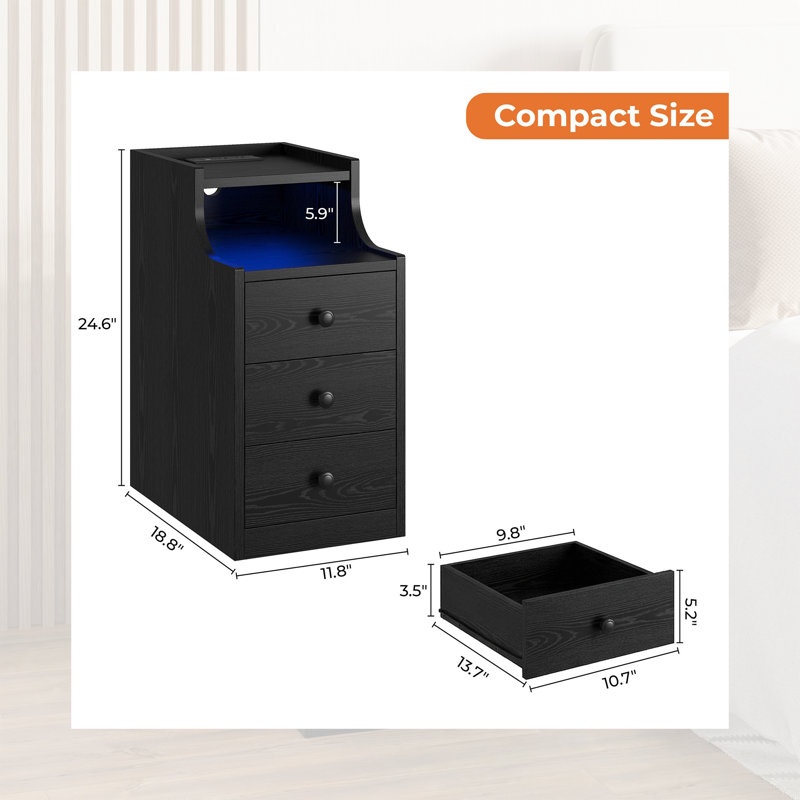 Table de chevet étroite 11,8 po avec station de charge et lumières DEL, table de chevet moderne à 3 tiroirs avec port de type C et tablettes ouvertes - noir