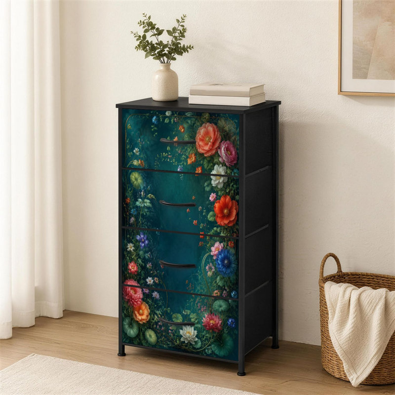 Commode à 4 tiroirs pour chambre à coucher Élégante structure florale à fleurs vibrantes bleu profond petite commode à vêtements haute pour organisateurs de placard avec commode