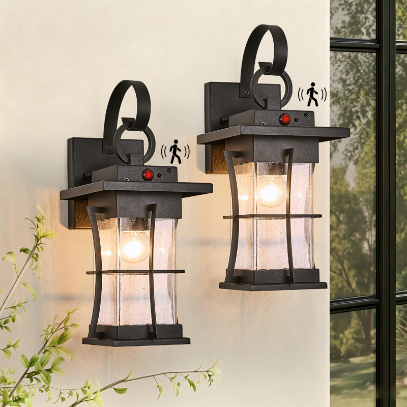 Motion Sensor Outdoor Wall Light Waterproof Lantern With Seeded Glass, Black