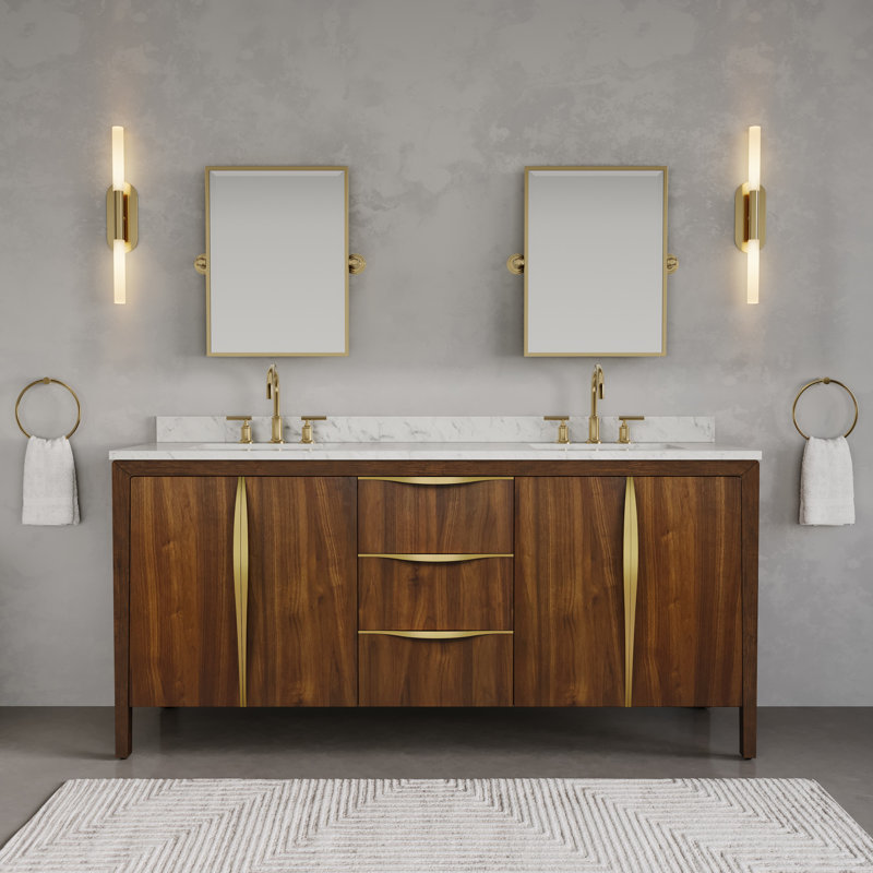 Ferrero 72 in. Double Sinks Carrara White Marble Bath Vanity in Noir Juglans with Satin Gold Hardware