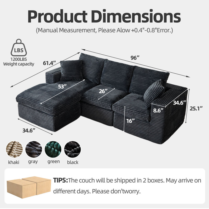 96” Boneless L-Shaped Modular Sectional Couch, Modern Upholstered Corduroy Cloud Sofa with Deep Seat, Upholstered Couches For Living Room Bedroom