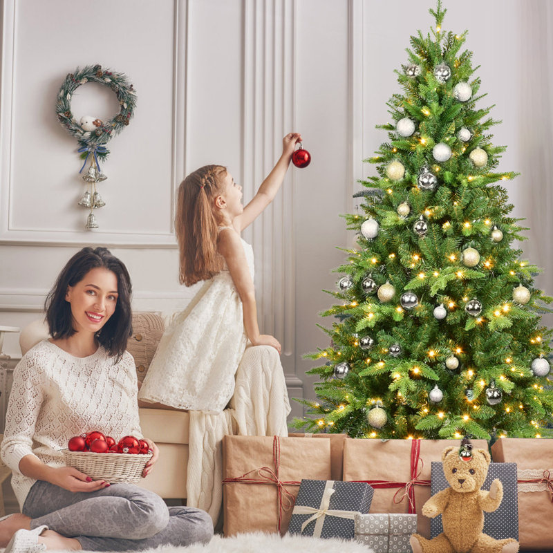 Arbre de Noël illuminé de 5 pi avec 250 lumières DEL blanc chaud, 850 pointes, conception réaliste à charnières en PE + PVC et support en métal pour une installation facile