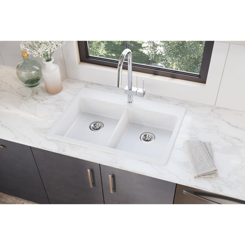 Quartz Classic 33" x 22" x 5-1/2" Double Basin Drop-In Kitchen Sink, White