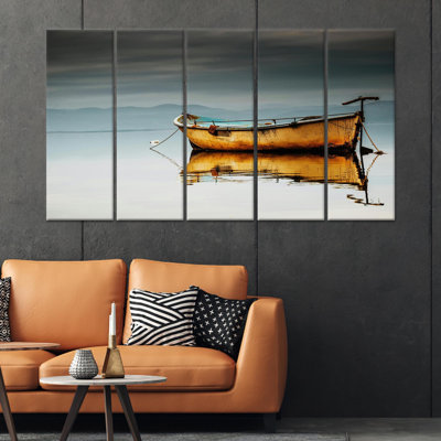 Vibrant Sea Landscape Glass Wall Art: Yellow Boat Printed Canvas Decor,5P Wrapped Canvas