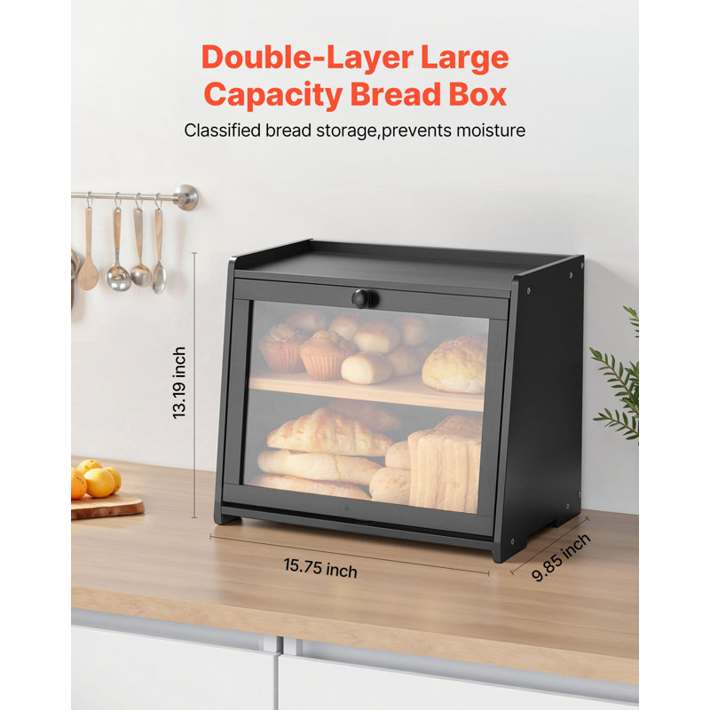 Double Layer Bread Box For Kitchen Counter, Large Capacity Bamboo Bread Storage Container,Storage Holder Bin With Acrylic Wavy Door Panel, Black