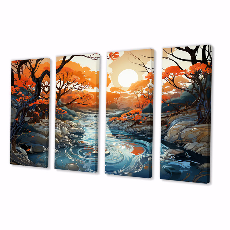 Décoration murale orange et bleue, rivière sereine II - forêt rivière, 4 pièces, H 28 po x l 48 po