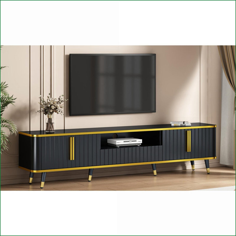 Mobilier de divertissement: or moderne Meuble télé noir avec rangement pour téléviseur de 85 po ou moins | Or + noir | Panneau de particules + panneau de fibres à densité moyenne