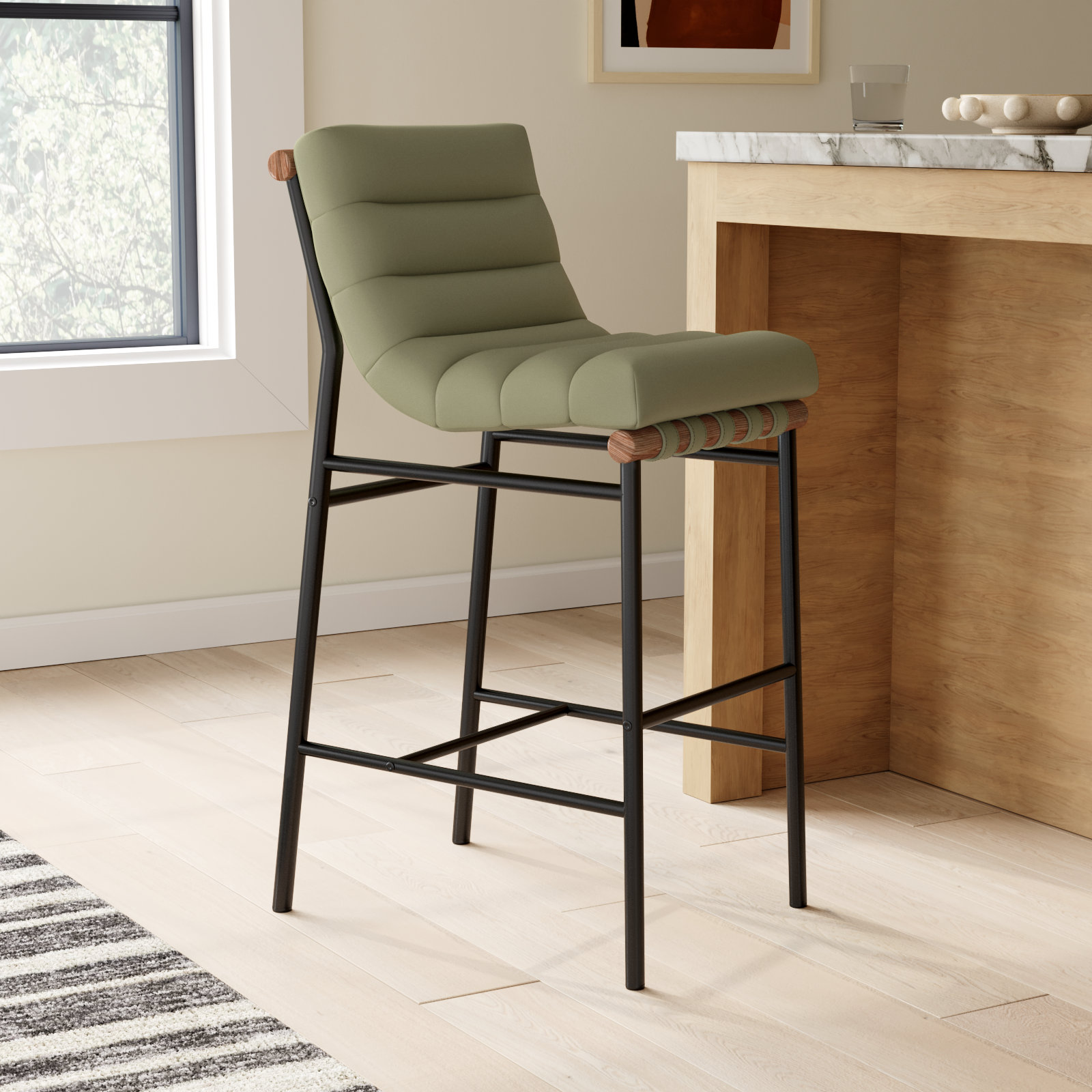 " Bar Stool, Olive Green Vegan Leather, Bar Stool (29.9" Seat Height)