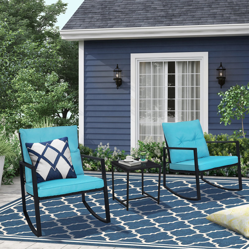 Kinzie Wicker 3 Piece Outdoor Rocking Chairs set, Patio Bistro Set with Cushions and Coffee Table, Black, Light Blue