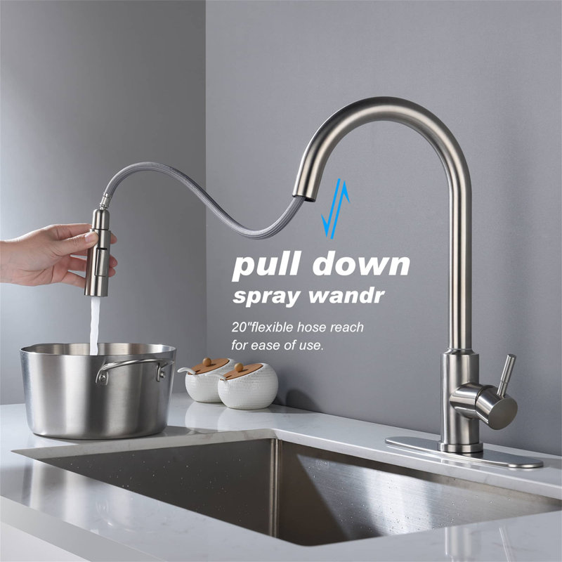 Robinet de cuisine extractible à poignée simple tactile avec conduites d'alimentation, Nickel brossé