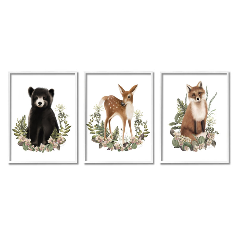 "Floral Woodland Animals", impression sur bois 3 pièces, H 30 po x l 72 po x P 1,5 po, Giclée encadrée blanc bord de mer