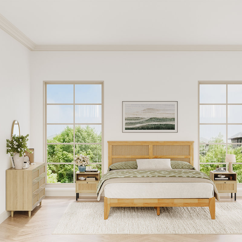 Aimara 51" Rattan 6 Drawer Dresser for Bedroom, Boho Wood Dresser with Gold Handles & Wood Legs