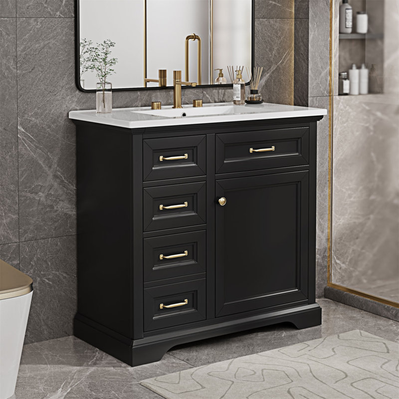 Meuble-lavabo autoportant avec comptoir en céramique, Noir, Doré